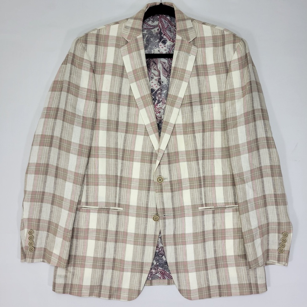 Van Heusen Men's Sport Coat Blazer Two Button Beige Brown Plaid‎ Linen 40R